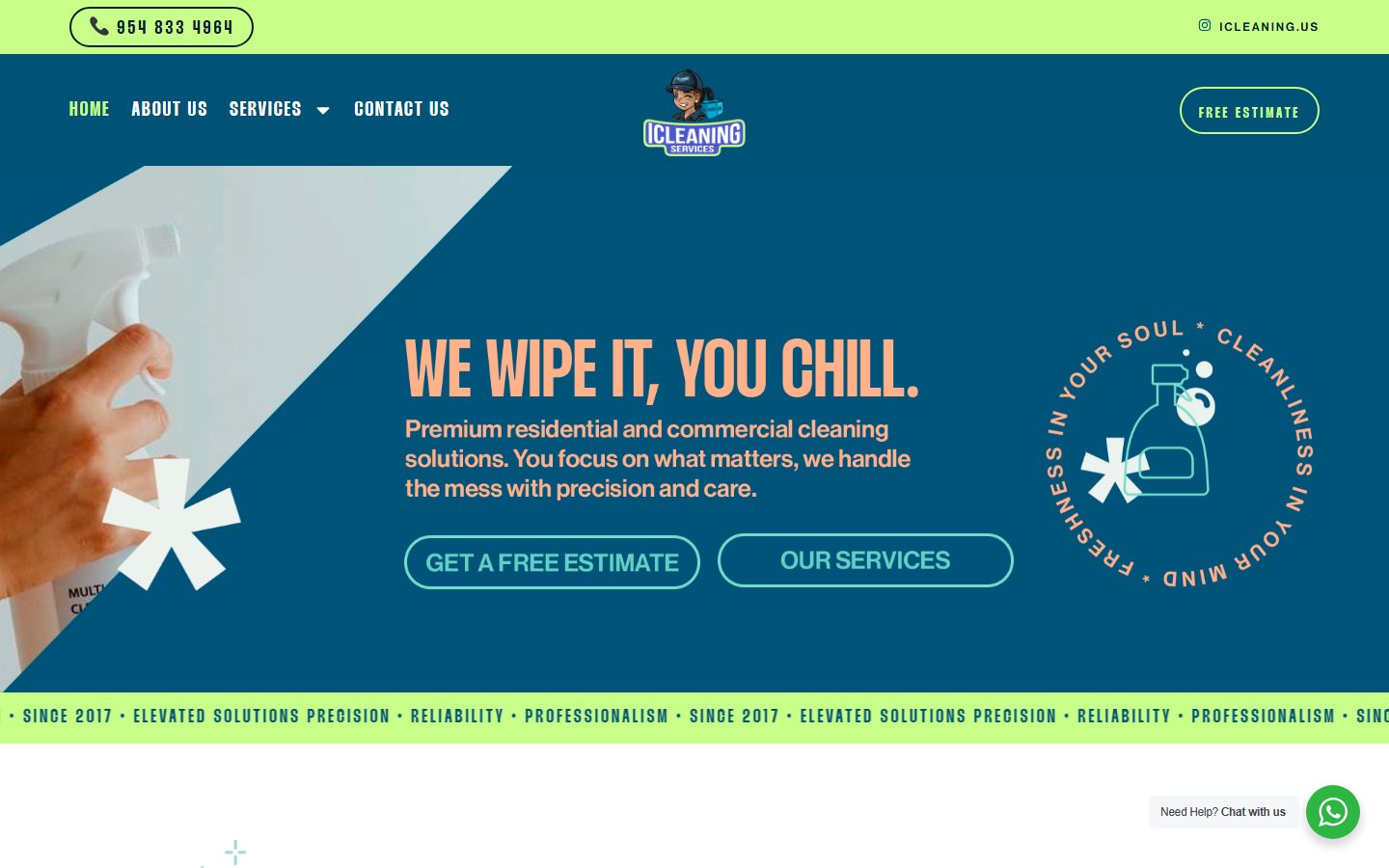 Sitio web de Icleaning Services: limpieza residencial y comercial en South Florida